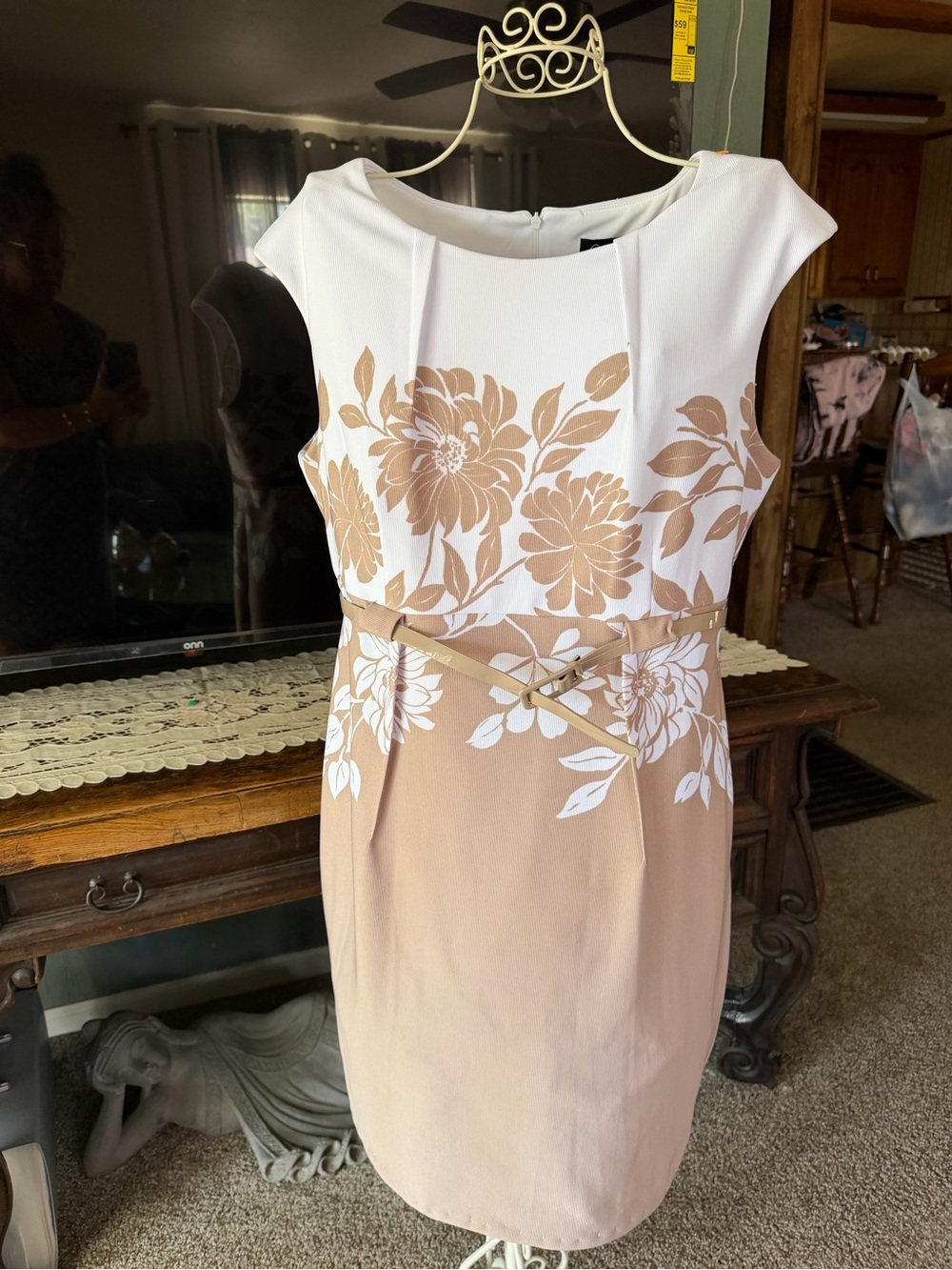 connected apparel White and Beige Floral Midi Sheath Dress